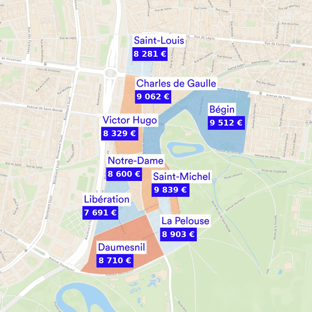 Carte des quartiers de Saint-Mandé avec prix médian DVF par m²