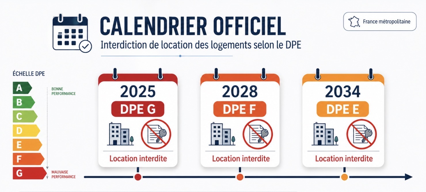 Calendrier DPE 2025 2028 2034 et interdiction de location des logements G F et E
