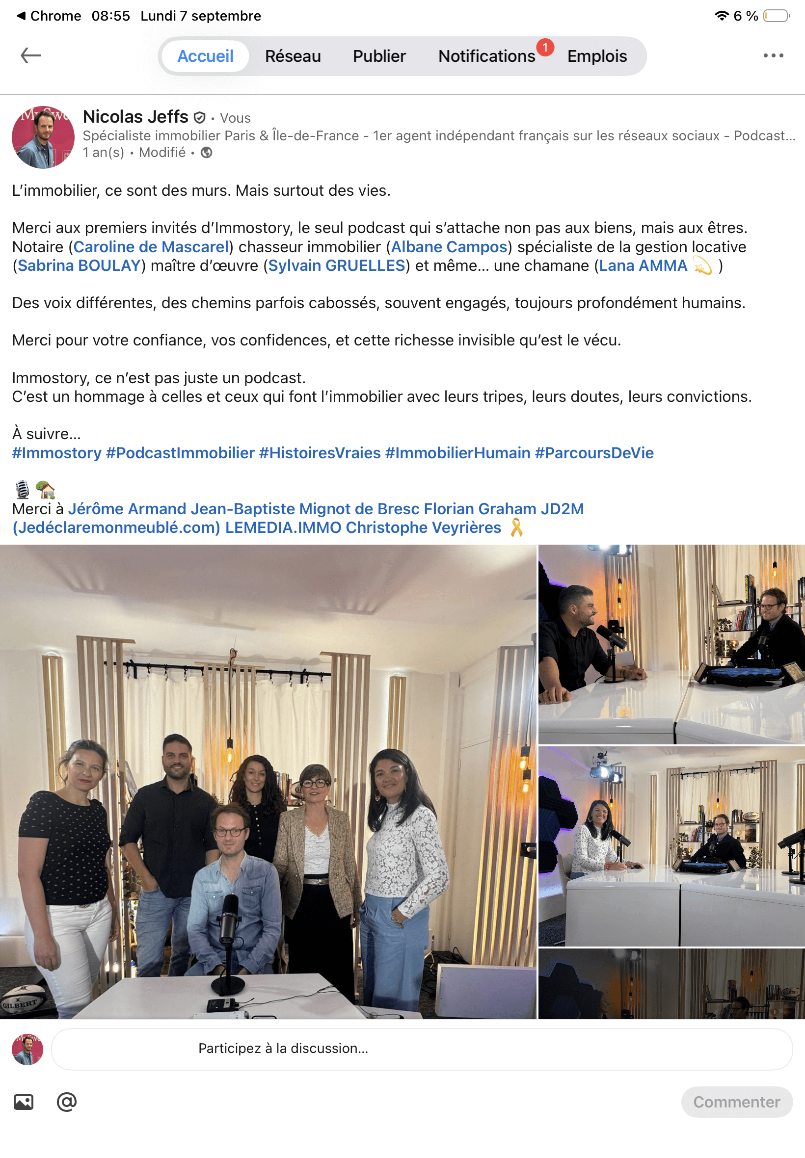 Post LinkedIn de présentation d'un invité ImmoStory